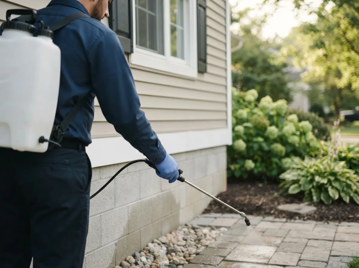 Pest control technician inspecting a home in Wrightsboro, TX